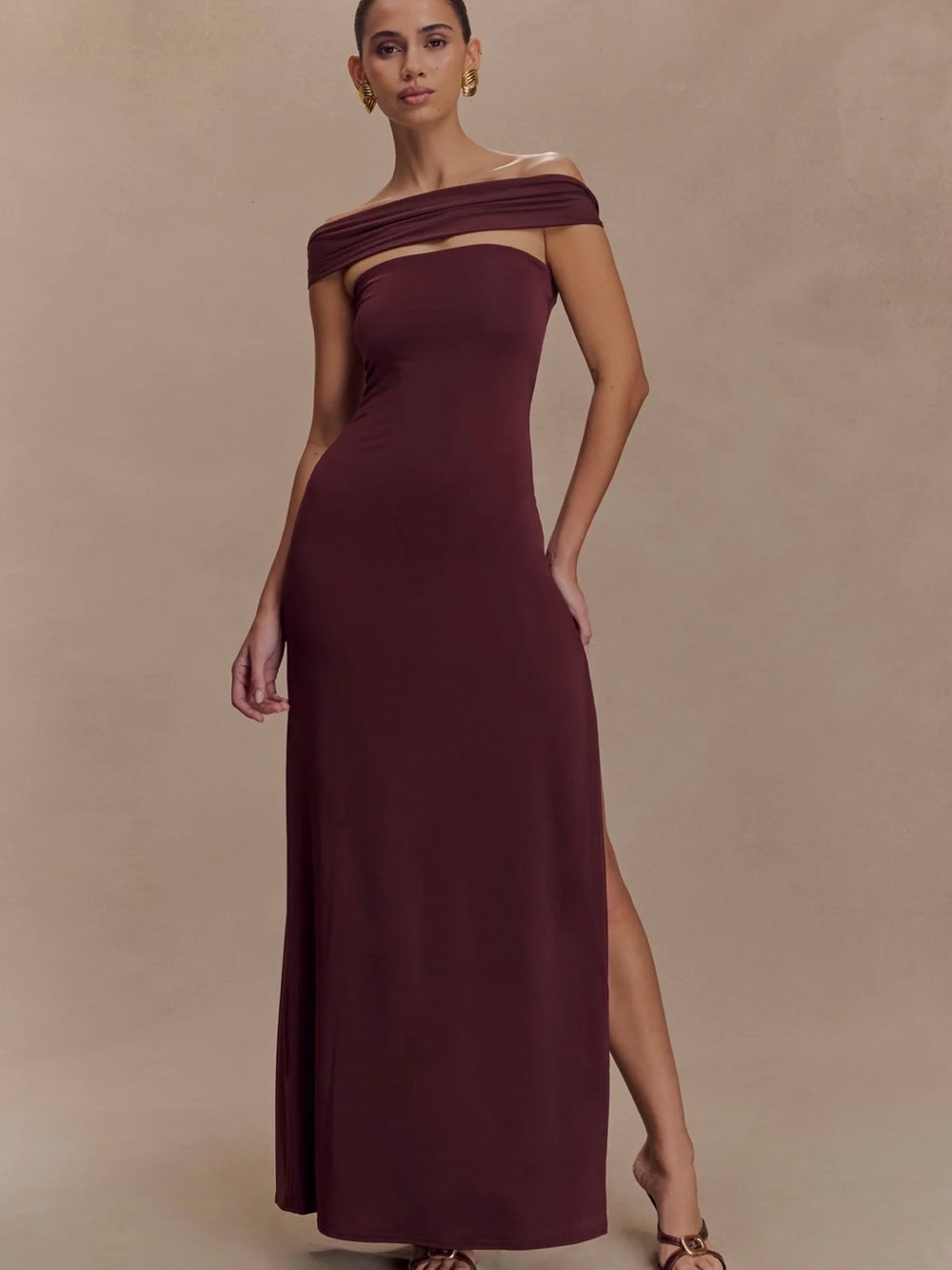 Off-Shoulder Burgundy Evening Maxi Dress